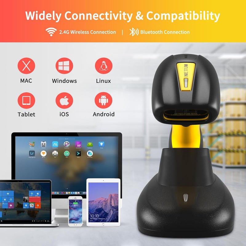 NETUM Upgraded QR Industrial Bluetooth Barcode Scanner with Charging Dock, Wireless 2D 1D Bar Code Reader 2600mAh Drop Protection Shock Dust Proof Hands Free for Windows Mac Android iOS (NT-1202W) - Image 2